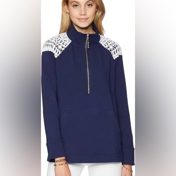 LILLY Pulitzer Women’s UPF 50+ Skipper Popover 1/2 Zip Sweatshirt Navy White M - Picture 1 of 15